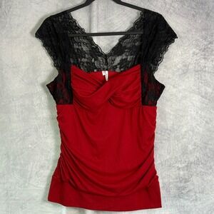 Studio Y Red Black Lace Top Women's Sz L  Ruched Whimsigoth vamp witchy y2k